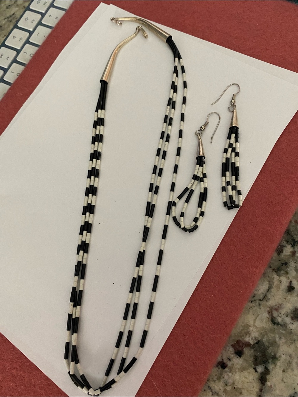 Jet And Mother of PearlStriped Beaded Layered Necklace with Matching Earrings